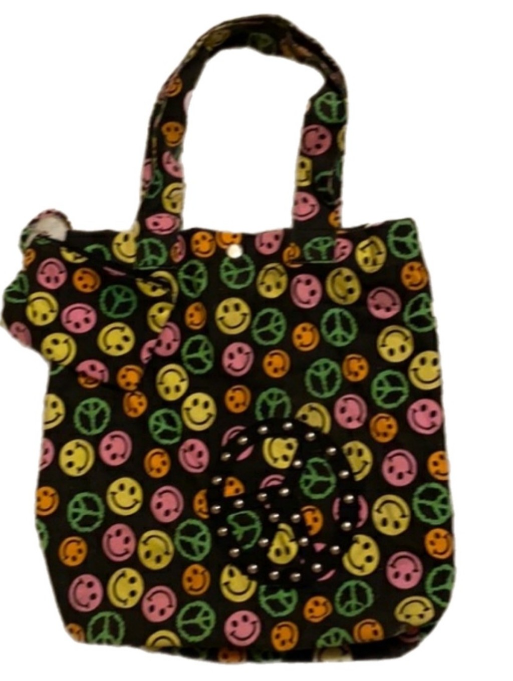 Vintage Black Tote With Neon Smile  Peace Icons
